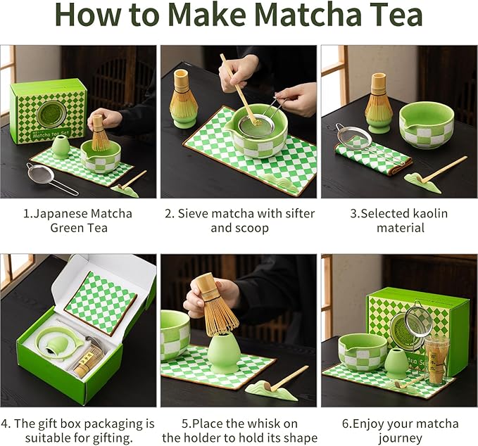 7pcs Traditional Matcha Tea Ceremony Set, green Ceramic Bowl with Bamboo Whisk, Holder and Strainer (Green grid) Elegant Matcha Set for Gifting and