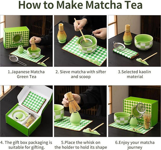 7pcs Traditional Matcha Tea Ceremony Set, green Ceramic Bowl with Bamboo Whisk, Holder and Strainer (Green grid) Elegant Matcha Set for Gifting and