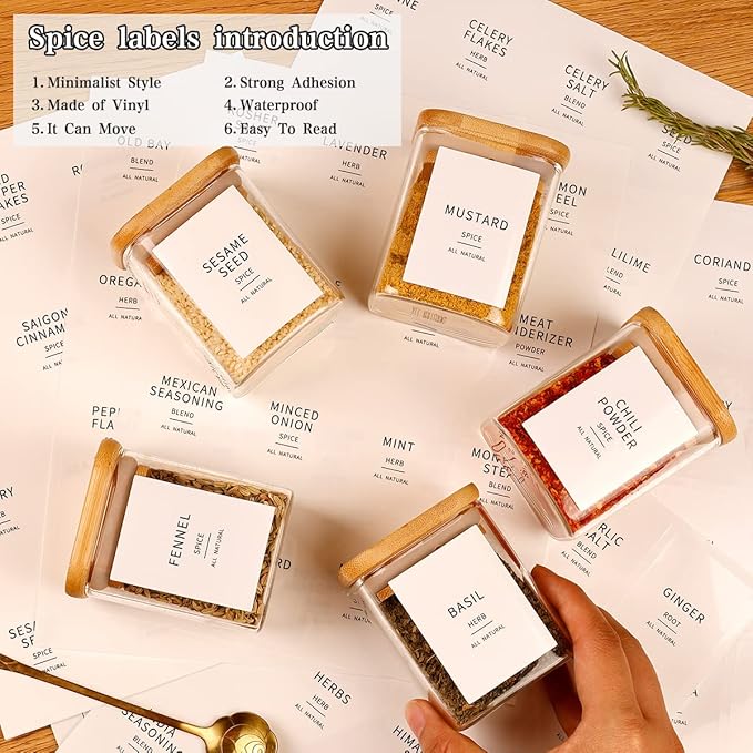 12 Pcs Square Glass Spice Jars with Natural Bamboo Lids - 5oz Airtight Herb Containers with 148 Waterproof Minimalist Spice Labels Preprinted
