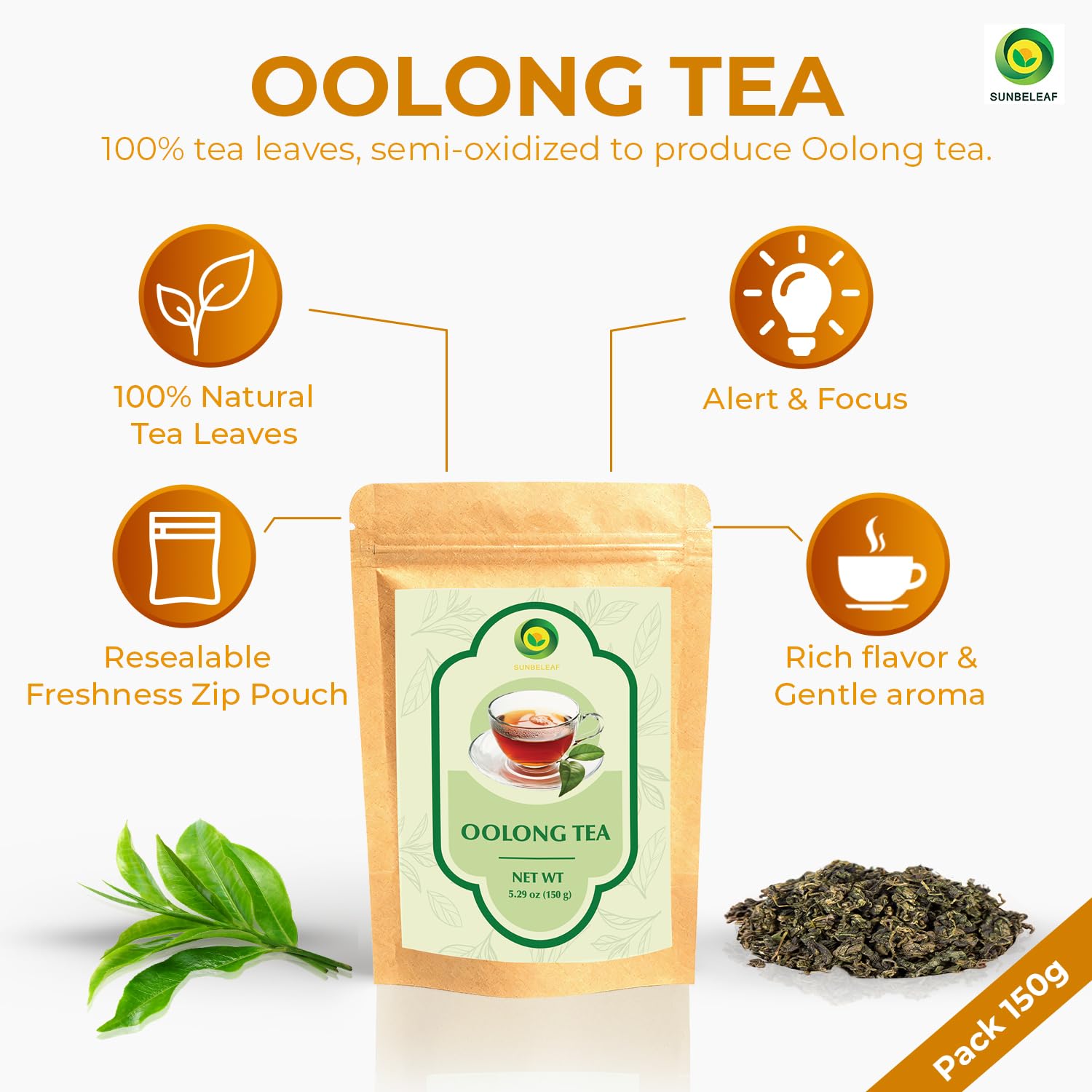 SUNBELEAF Oolong Tea Loose Leaf (5.29 Oz / 150g), Vietnamese Semi-Oxidized Tea Leaves, Naturally Processed for Rich Balanced Flavor & Gentle Aroma, Wellness Tea for Daily Balance, Resealable Zip Pouch