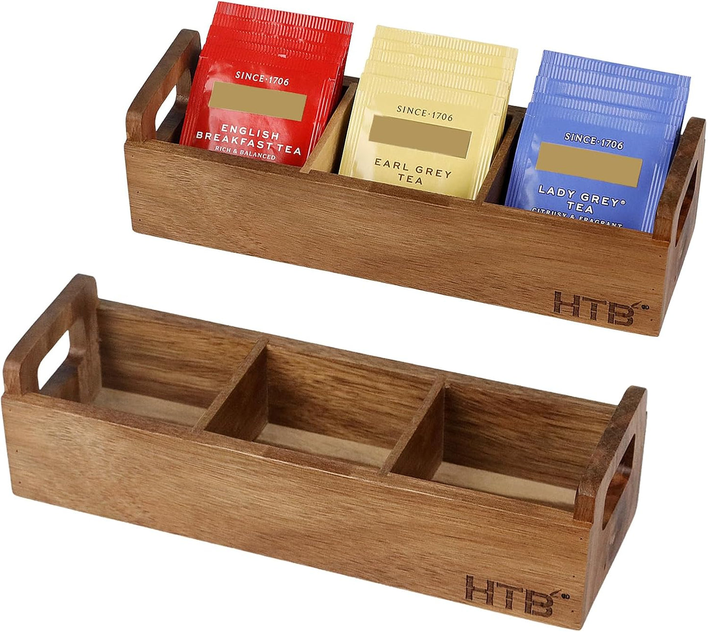 HTB 2 Pack Acacia Wood Small Tea Bag Box with 3 Compartments for Counter | Tea Bag Chest with Handle, Mini Countertop Divided Storage Container for Beverage Supplies, Sugar, Sweeteners