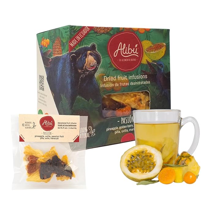Alibú Dried Fruit Tea Infusions - Passion - Pineapple, Goldenberry, Passion Fruit, Water Infusions Dried Fruit - Box of 2.12 oz (Passion)