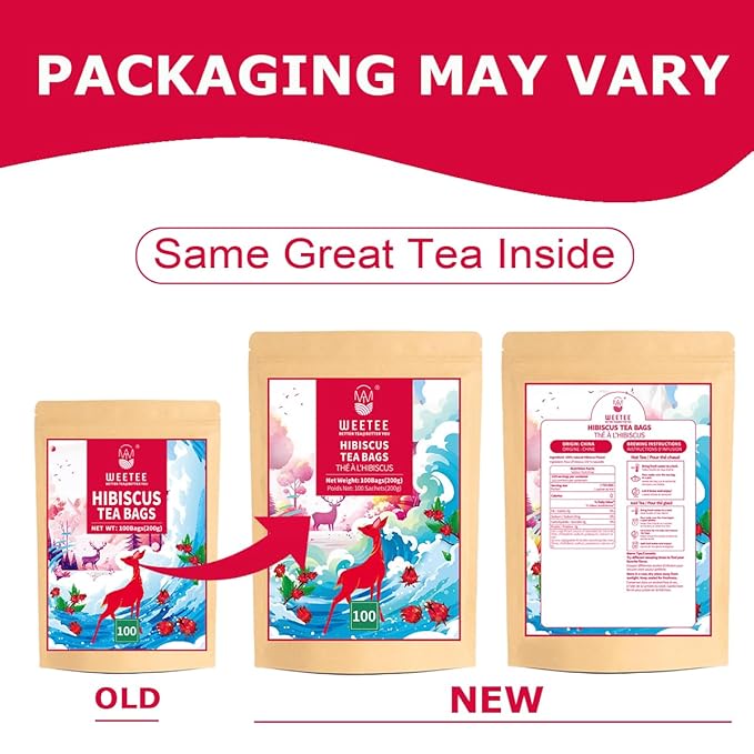 WT Weetee Hibiscus Tea Bags, Made with 100% Pure Hibiscus Flowers, Natural Caffeine-free Herbal Tea, Tangy & Refreshing, Brew Hot or Iced