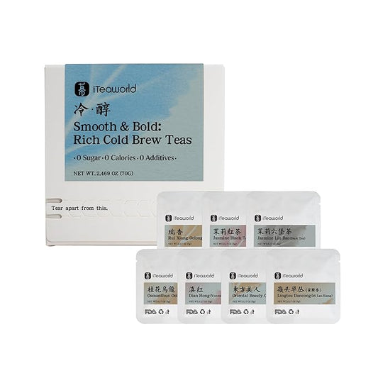iTeawolrd Rich Cold Brew Tea - Iced Tea Sampler, 7 flavors Classic Rich Loose Leaf Teas, Jasmine Black Tea, Dancong,Makes Cold Brew Iced Drink or Hot, with 14 Tea Bags (14 packs, 2.47 oz)