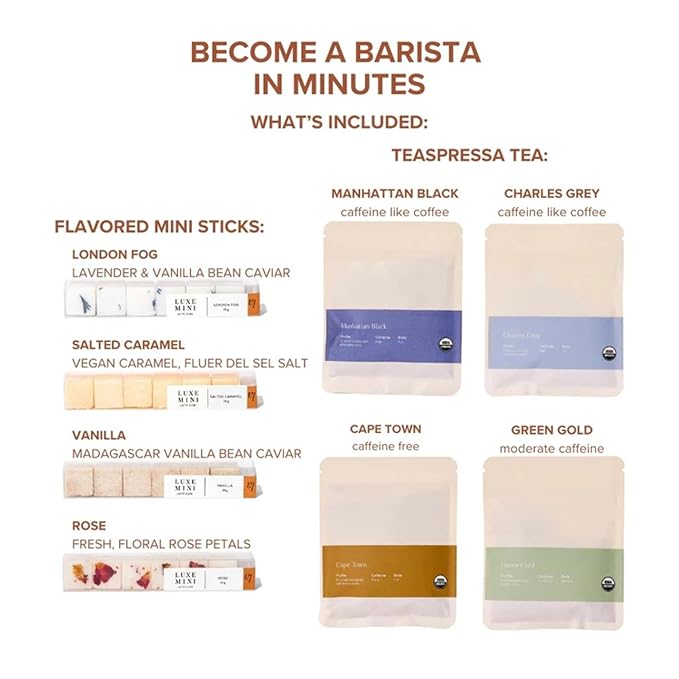 Tea Latte Sampler Kit by Teaspressa – 4 Signature Organic Tea Blends + 4 Luxe Sugar Cubes – Make at Home - Manhattan Black, Earl Grey, Green & Rooibos Tea – Salted Caramel, Vanilla, London Fog & Rose Gourmet Sugar Cubes – Gift Set - Vegan & Gluten-Free