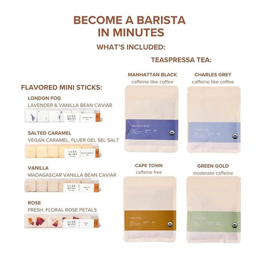 Tea Latte Sampler Kit by Teaspressa – 4 Signature Organic Tea Blends + 4 Luxe Sugar Cubes – Make at Home - Manhattan Black, Earl Grey, Green & Rooibos Tea – Salted Caramel, Vanilla, London Fog & Rose Gourmet Sugar Cubes – Gift Set - Vegan & Gluten-Free