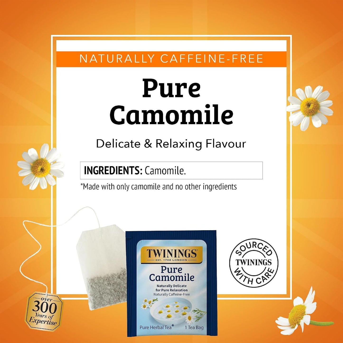 Twinings Pure Camomile Herbal Caffeine-Free Tea Bags, 50 CT Box (6 Pack) | Floral &amp; Delicate For Pure Relaxation, Naturally Caffeine-Free, 300 Foil Lined Individually Wrapped Bags, Enjoy Hot or Iced