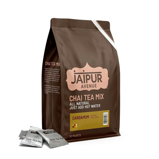 Jaipur Avenue Cardamom Chai Tea Mix Crafted with All-Natural Assam Black Tea, Cardamom, Cane Sugar, and Premium Dry Milk - Preservative-Free, Gluten-Free, Authentic Indian Chai Tea Latte (50 Packets)