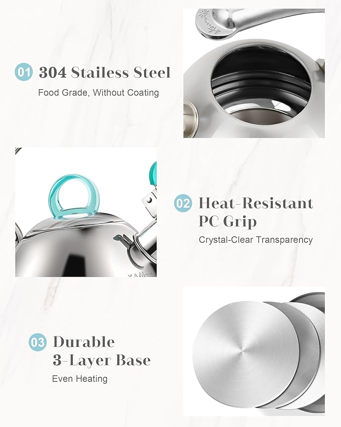 Harriet Tea Kettle Stovetop, 2.5 Quart Whistling Stainless Steel Tea Pot, 3-Layer Base, Unique Ergonomic Handle, Includes Pot Holder & Mat