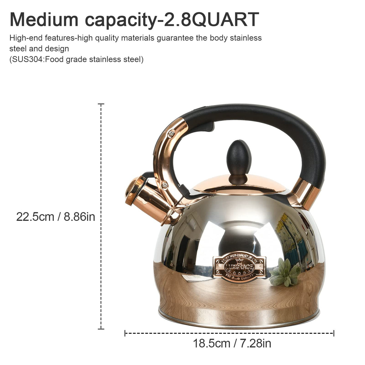 LUXGRACE Stainless Steel Whistling Tea Kettle with Metal Capsulated Bottom for Quick Heat Distribution 2.8 Quart