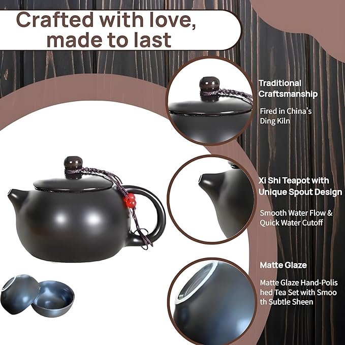 Portable Chinese Gongfu Tea Set - Handcrafted Ceramic Tea Set for Chinese/Japanese Tea Ceremony, Complete with Teapot & 4 Cups, Travel-Friendly Gift Set(Black)