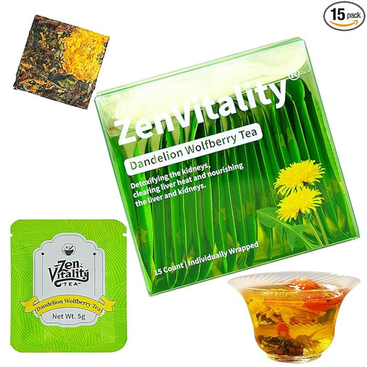 ZenVitality® Organic Dandelion Wolfberry Tea For Diabetics Supports Healthy Blood Sugar, Digestion, Weight & Liver With White Tea, Dandelion Leaf, Goji Berry, Chrysanthemum, Honeysuckle, Mulberry Leaf