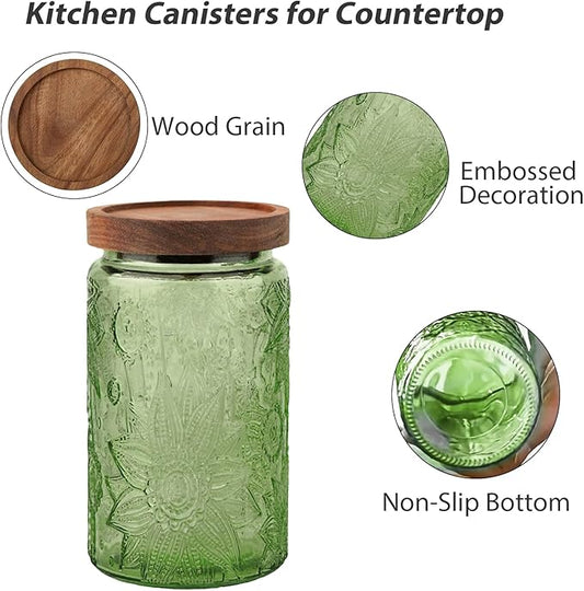 Glass Jar with Lid, Vintage Glass Storage Jars with Airtight Lid Coffee Canister Sugar Container for Kitchen Counter Pantry, Spice, Candy