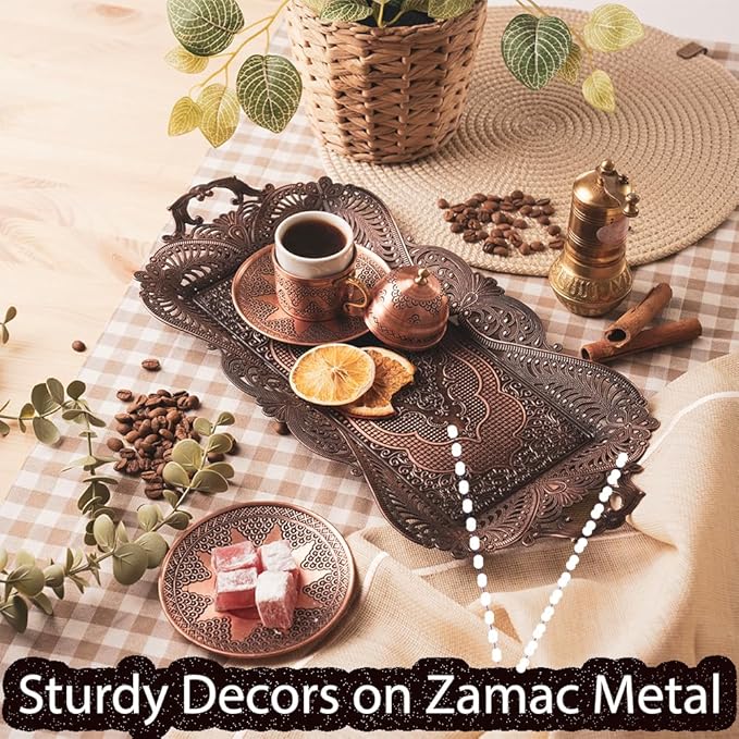 Small Antique Turkish Tea Coffee Serving Tray Table Decor Decorative Handles - Antique Moroccan Home Kitchen Rustic Copper Farmhouse Brass