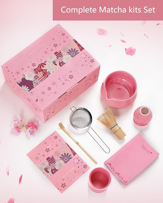 ZENS 7pcs Matcha Set, Matcha Whisk Set Includes Pink Bowl and Cup for Bamboo Whisk, (Chasen Holder), Scoop, 304 Sifter and Tea Mat, Pink Matcha Kit for Matcha Lovers