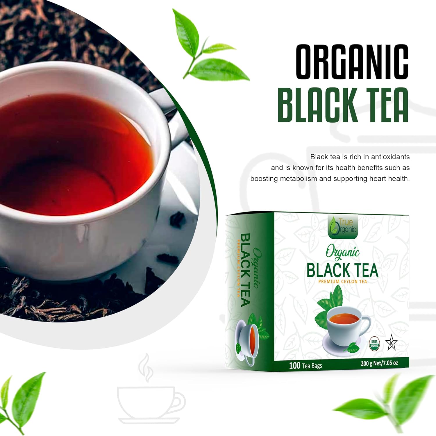 True Organic Premium Ceylon Black Tea |100 Count Tea Bags | USDA Organic & Kosher Certified |100 Envelop Organic Black Tea Bags for Your Home & Cafe.