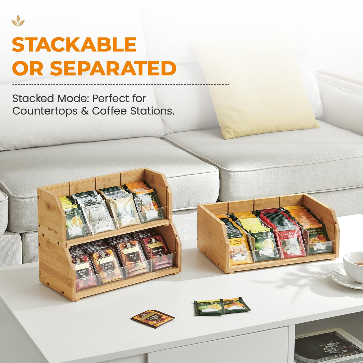 TIOPGHAD 3-Layer Stackable Bamboo Tea Bag Organizer Storage Holder, Natural