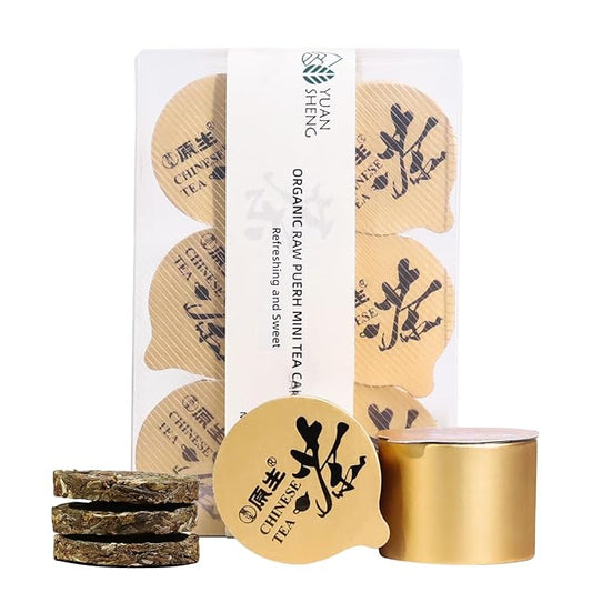 YUANSHENG Organic Raw Pu-erh tea Grade AA, 18 Count Organic Puerh Mini Cakes, 3 Years No Fishy Raw Puer with Smooth and Sweet Flavor, Chinese Puerh Cake Individually Wrapped, 5.1 Oz