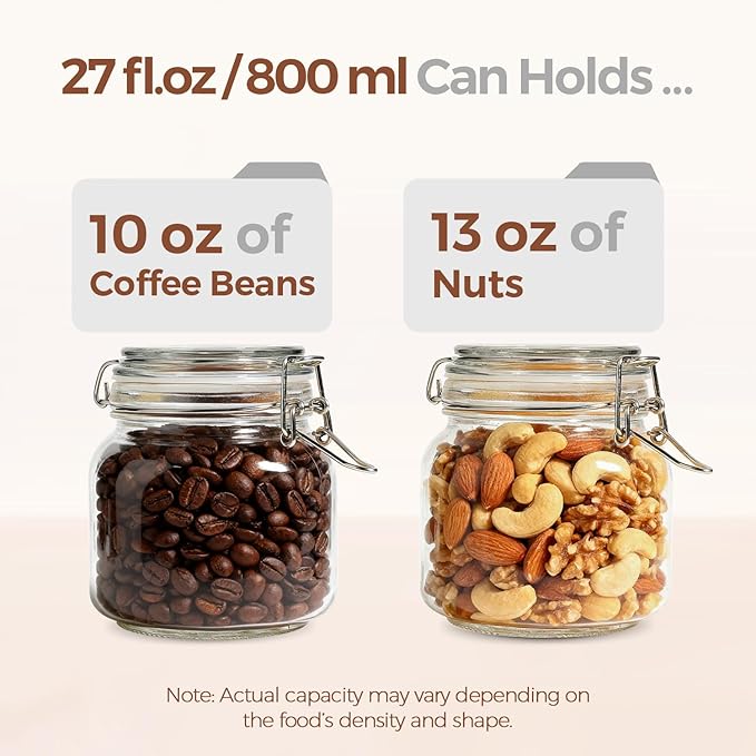 ComSaf 27oz Airtight Glass Canisters with Lids Set of 6, Square Food Storage Jar Container with Clamp Lids for Kitchen Canning Cereal Coffee Pasta Sugar Beans Spice, Clear Mason Jars with 12 Labels