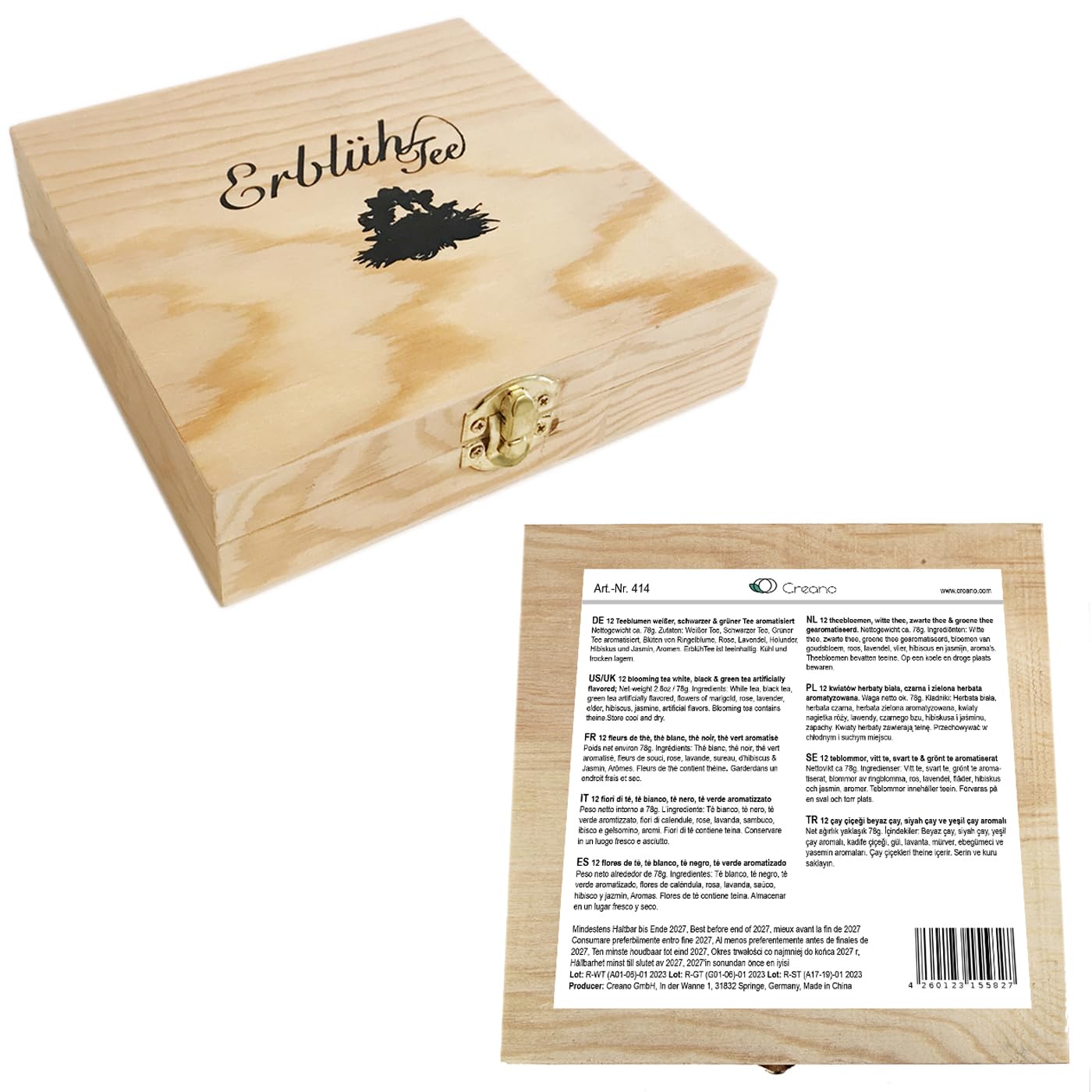 Creano Abloom Tea - Blooming Gift Set in Wooden Box - 12pcs Green, White & Black Tea