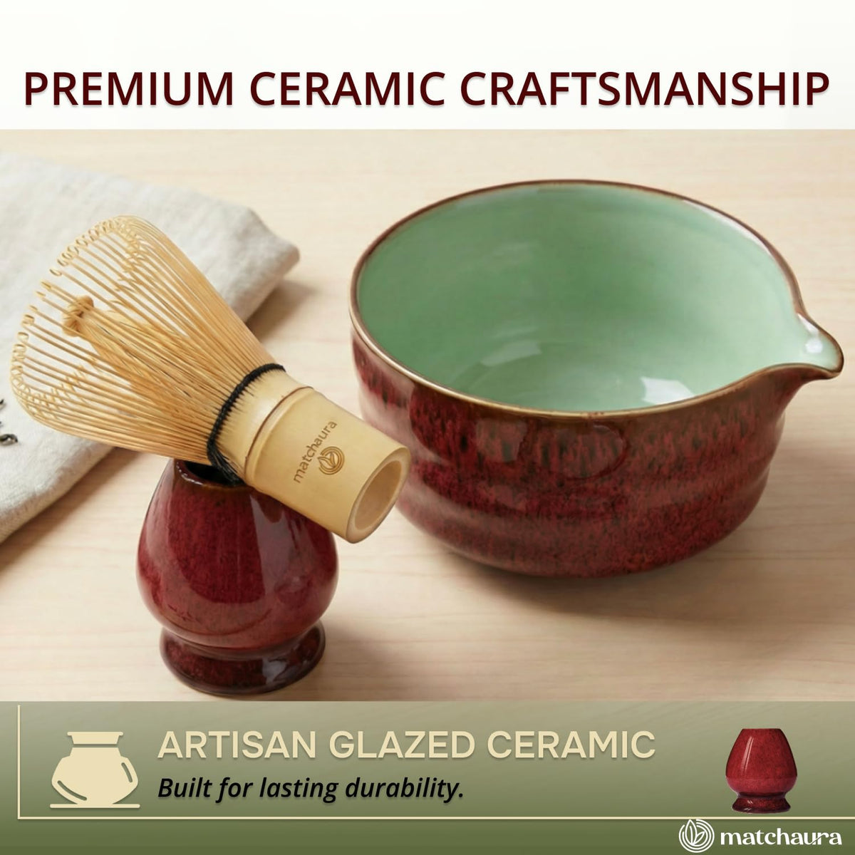 MATCHAURA Premium Matcha Whisk Set with Spouted Ceramic Bowl – 5-Piece Matcha Kit with Bamboo Whisk, Holder, Sifter & Scoop –