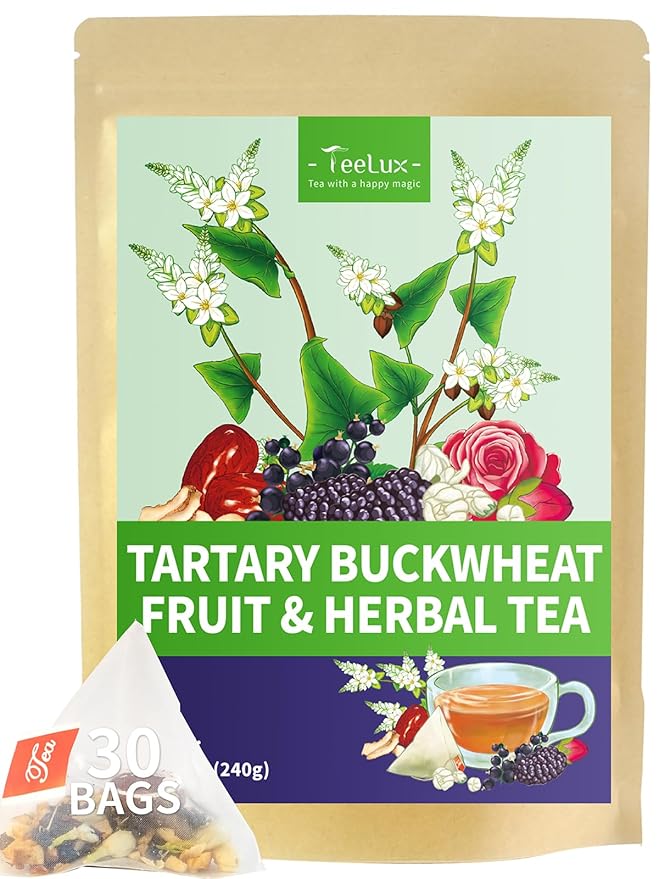 TeeLux Rose Blueberry Tea Bags, 8g/bag, Tartary Buckwheat with Mulberries, Red Dates, Caffeine Free, Floral Aroma & Rich Tartary Buckwheat Aroma, 30 Count