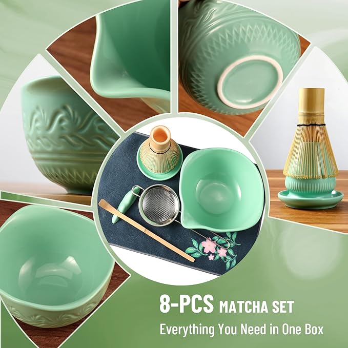Green Matcha Whisk Set: Ceramic Matcha Set for Frothy Tea Ceremony Bowl & Whisk for Your Morning Ritual, Gift for Tea Lovers & Beginners