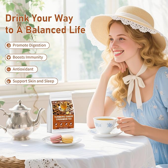 Turmeric Ginger Cinnamon Tea Bags, Pure Natural Ginger Turmeric Herbal Blend Tea with Cinnamon for Promoting Digestion, Boosts Immunity, Caffeine-Free, No Additives (1 Pack/120 Bags)