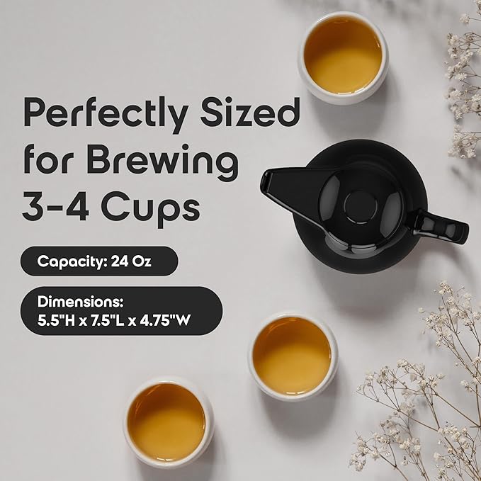 OmniWare 24 Oz Stoneware Teapot with Stainless Steel Mesh Infuser (Black) - Microwave & Dishwasher Safe, Removable Infuser