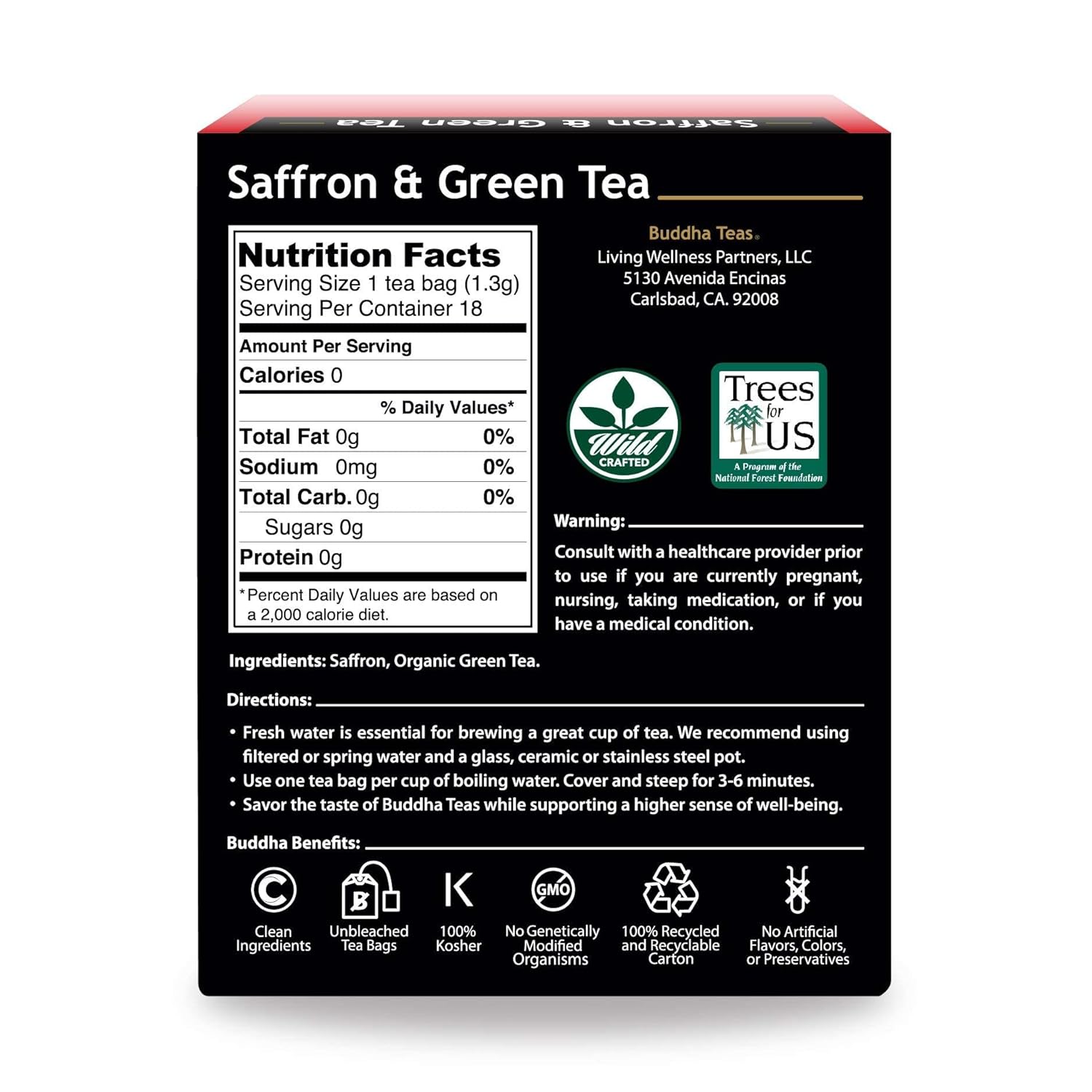 Buddha Teas - Saffron & Green Tea - For Health & Wellbeing - Wild Crafted Tea - With Antioxidants & Minerals - Clean Ingredients - Caffeinated - OU Kosher - 18 Tea Bags (Pack of 1)