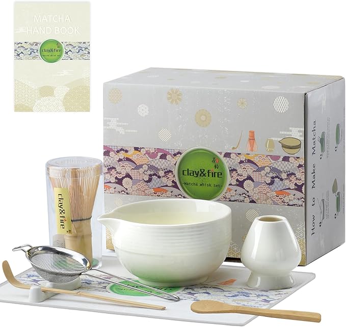 Clay&Fire Matcha Whisk Set, Ceramic Matcha Set, Matcha Bowl with Spout and Whisk,9 pcs Matcha Tea Ki
