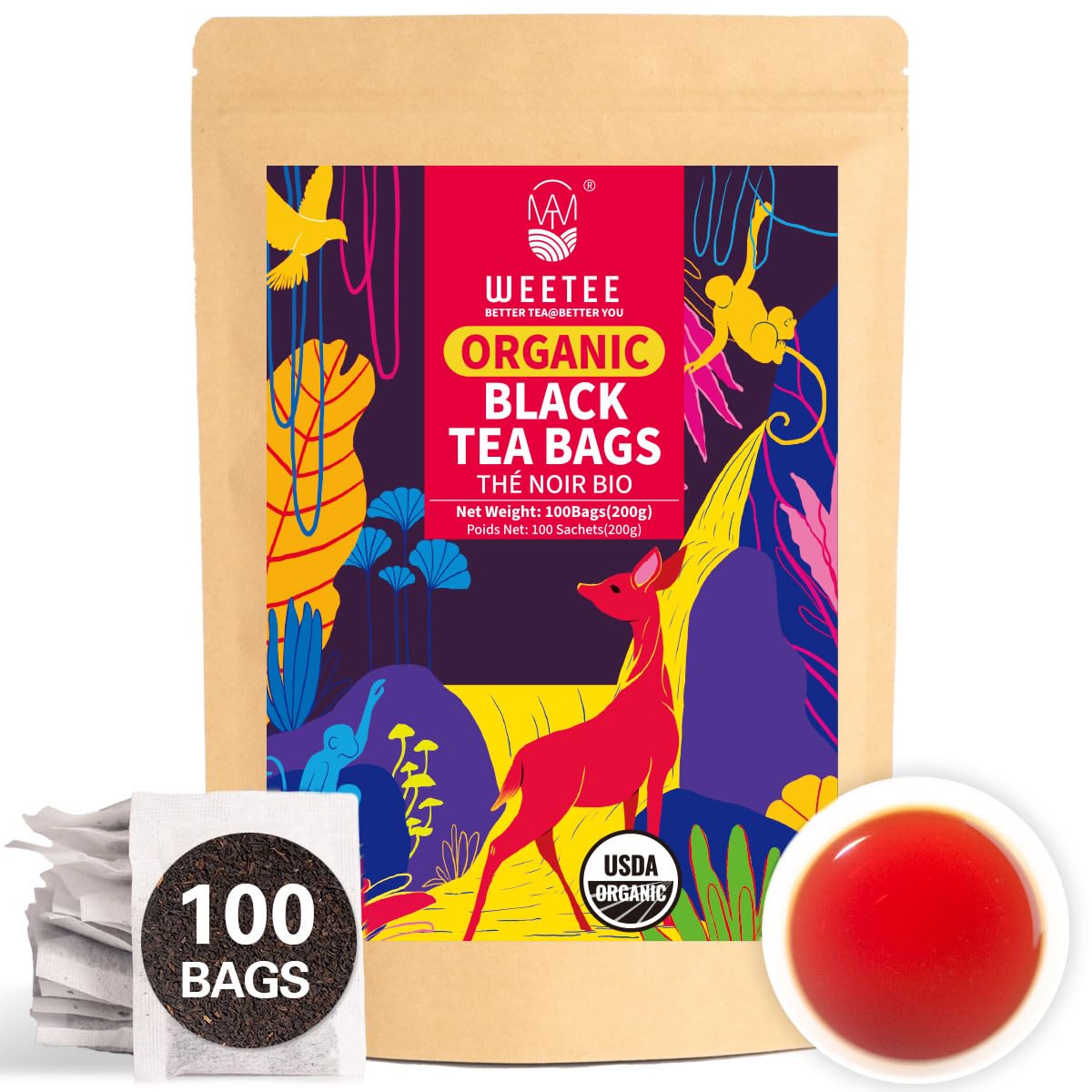 WT Weetee Organic Black Tea Bags, Organic Black Tea 100 Count, Antioxidant, Caffeinated, Resealable Kraft Bag, Brew Hot or Iced