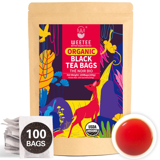 WT Weetee Organic Black Tea Bags, Organic Black Tea 100 Count, Antioxidant, Caffeinated, Resealable Kraft Bag, Brew Hot or Iced