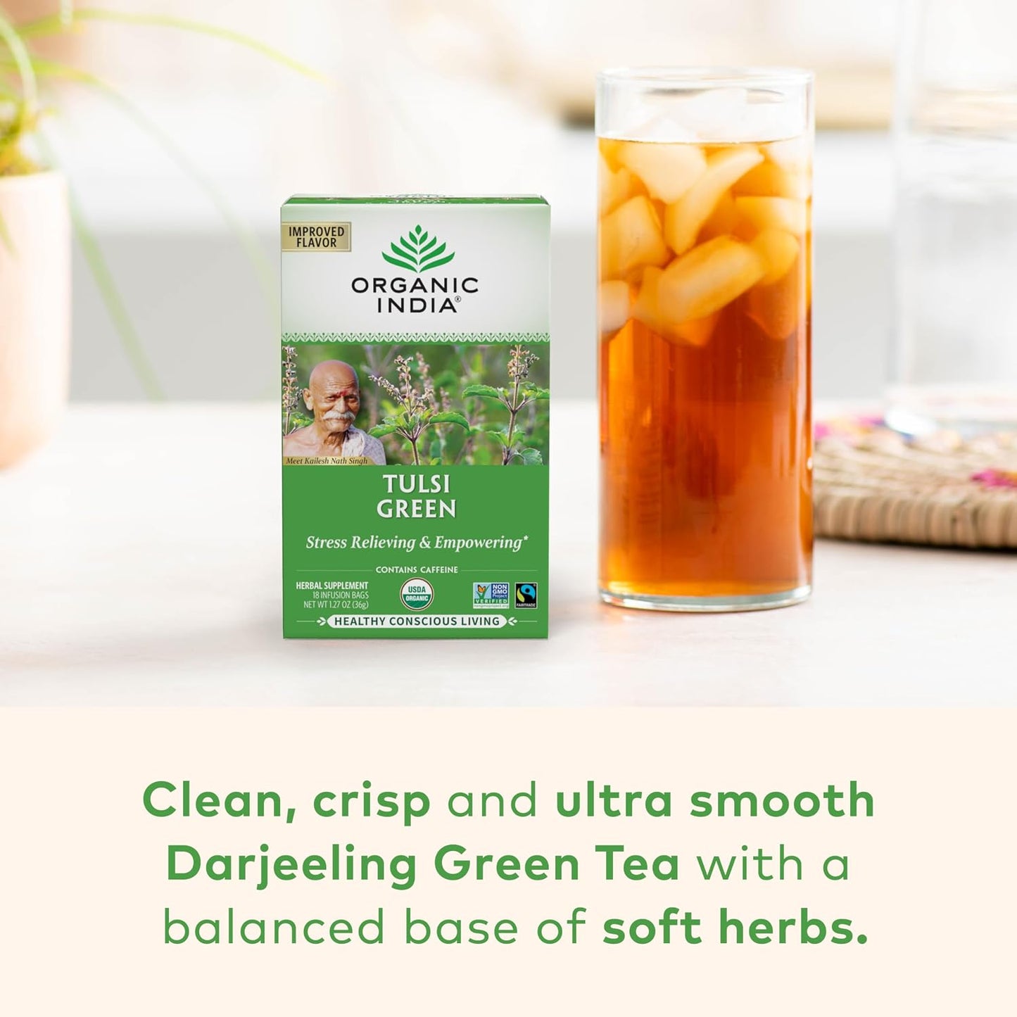 ORGANIC INDIA Tulsi Green Tea Bags, African Basil, 18 Infusion Bags, 3 Pack