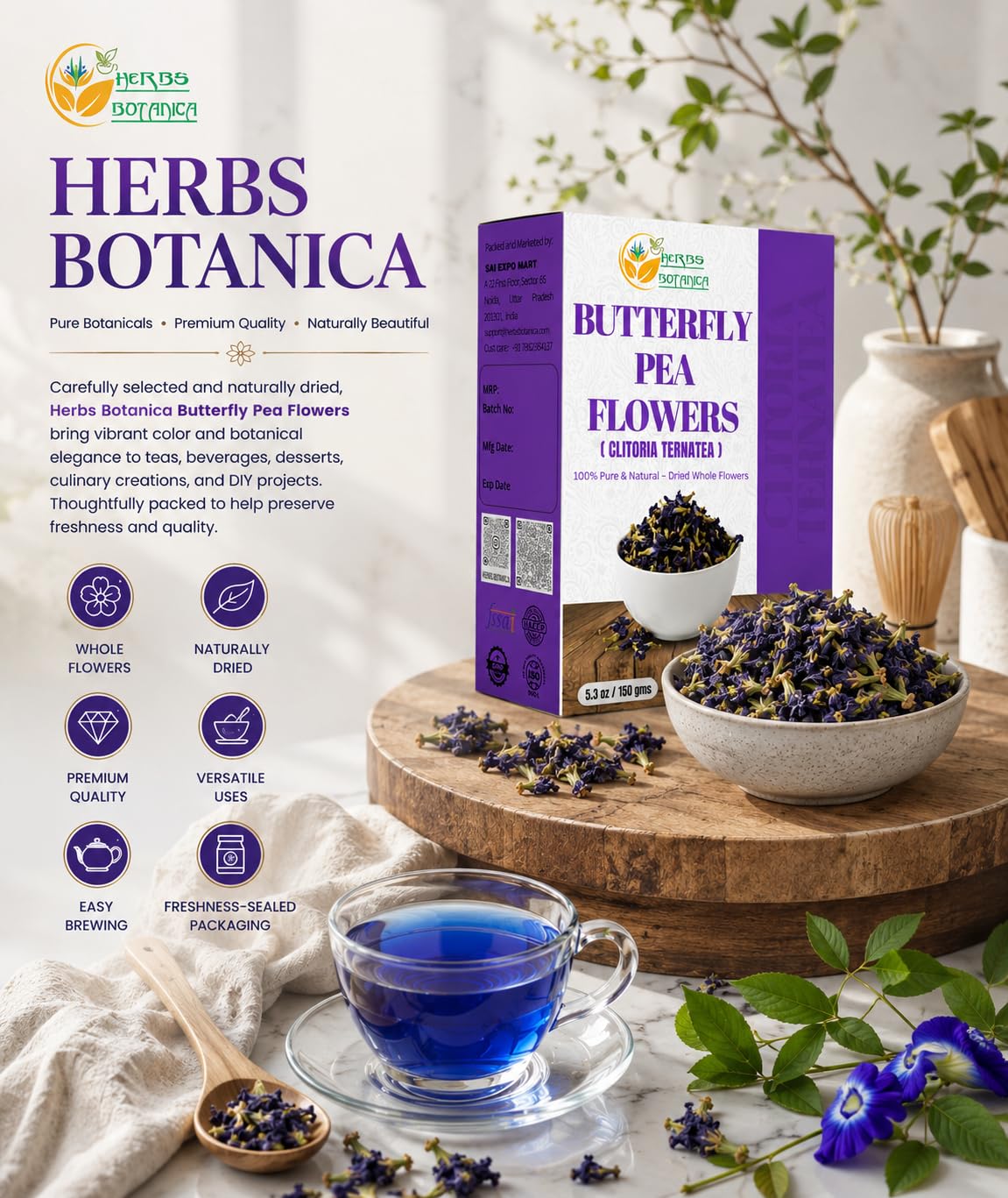 Herbs Botanica Dried Butterfly Pea Flowers – 5.3 oz (150g) – Natural Blue Food Coloring for Tea, Lattes, Cocktails &amp; Baking – Whole Blue Pea Flower (Clitoria Ternatea) – Caffeine Free, Non-GMO &amp; Vegan