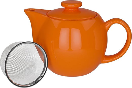 OmniWare 14 Oz Stoneware Teapot with Stainless Steel Mesh Infuser (Orange) - Microwave & Dishwasher Safe, Removable Infuser, Retro-Style Kitchenware Ideal for Loose Tea Brewing