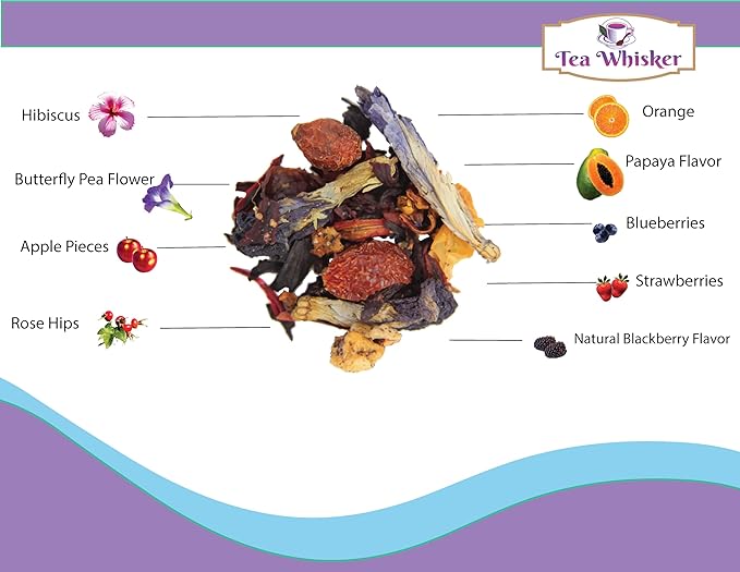 Tea Whisker - Purple Rain, Butterfly Pea & Hibiscus, Floral Herbal, Loose Leaf Tea, 4 Ounce Pouch, Serve Iced or Hot, Non-Caffeinated