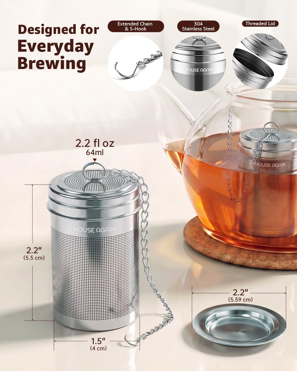 HOUSE AGAIN Tea Infuser, Extra Fine Mesh Tea Infusers for Loose Tea, 18/8 Stainless Steel Tea Strainer with Extended Chain Hook, Tea Steeper for Brew Tea, Spices &amp; Seasonings Small × 2