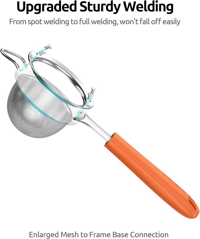 U-Taste Small Fine Mesh Strainer: 18/8 Stainless Steel 3.35in 30 Mesh Kitchen Food Sieve with Sturdy Riveted Silicone Handle, Heavy Duty Deep Handheld Metal Colander for Tea, Juice (Orange)