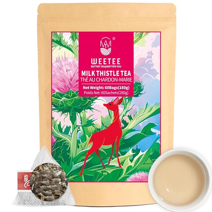WT Weetee Milk Thistle Tea Bags, Made with 100% Pure Milk Thistle Seeds, Natural Caffeine-free Herbal Tea Detox Tea 3g x 60 Counts