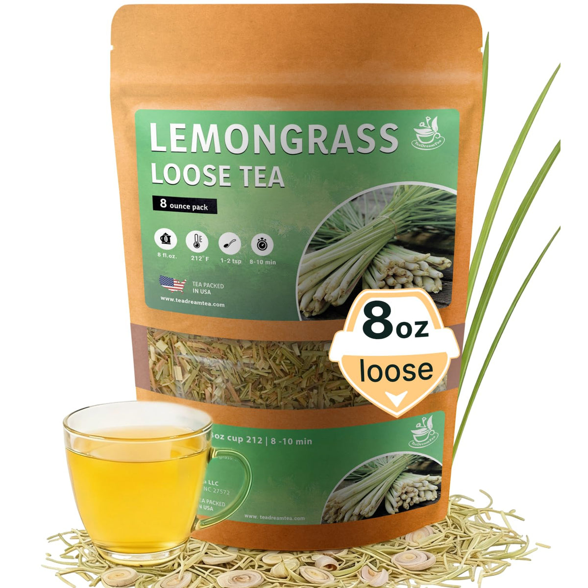 Lemongrass Leaf Loose Tea – 8oz Size (Premium Dried Lemongrass Loose Leaf Tea - 4 oz), Natural Extract Caffeine-Free Herbal Tea for Relaxation, Wallness with Smooth Taste