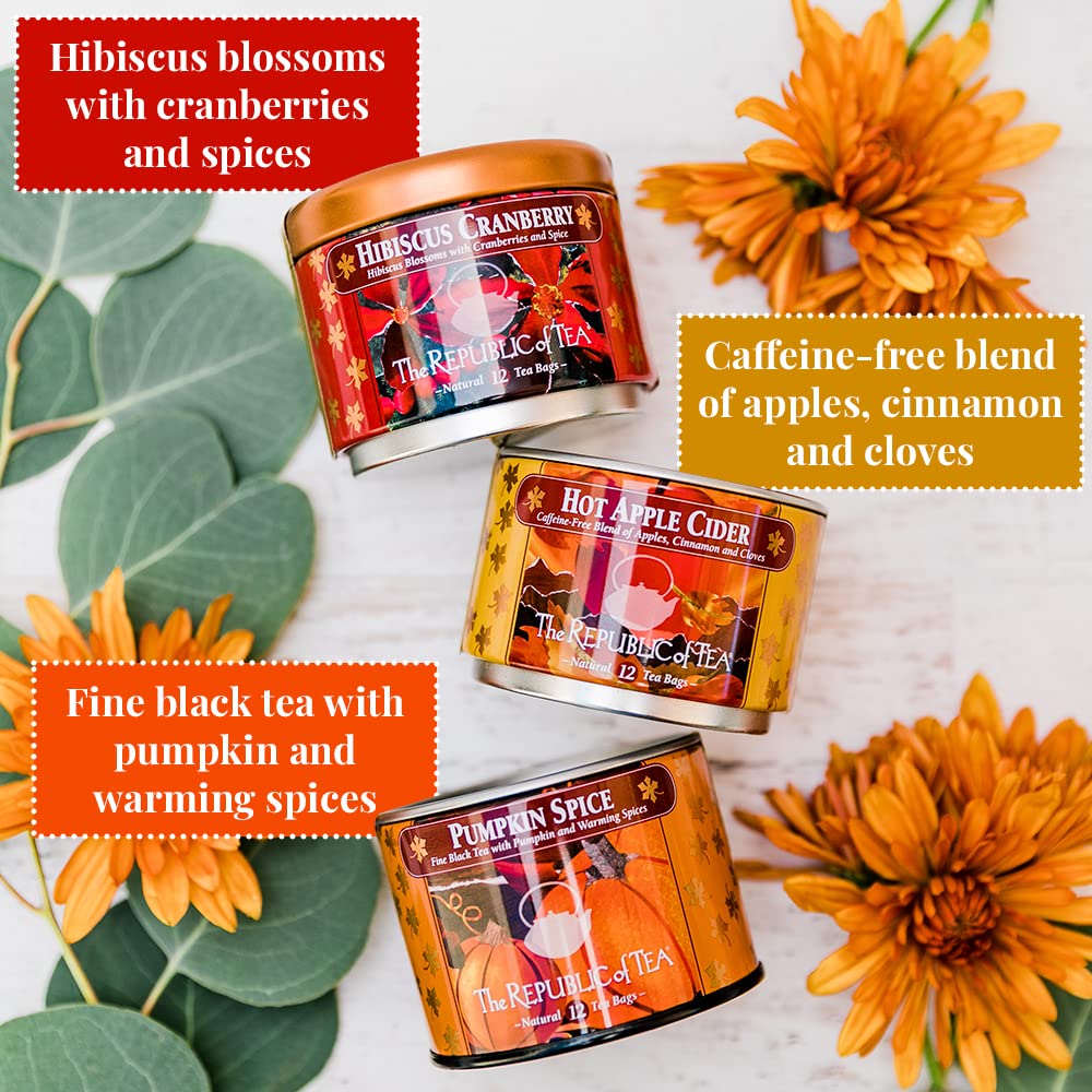The Republic of Tea Harvest Stackable Tea Sampler, 36 Count | Three fall teas: Hibiscus Cranberry, Hot Apple Cider and Pumpkin Spice. 12 tea bags of each variety.