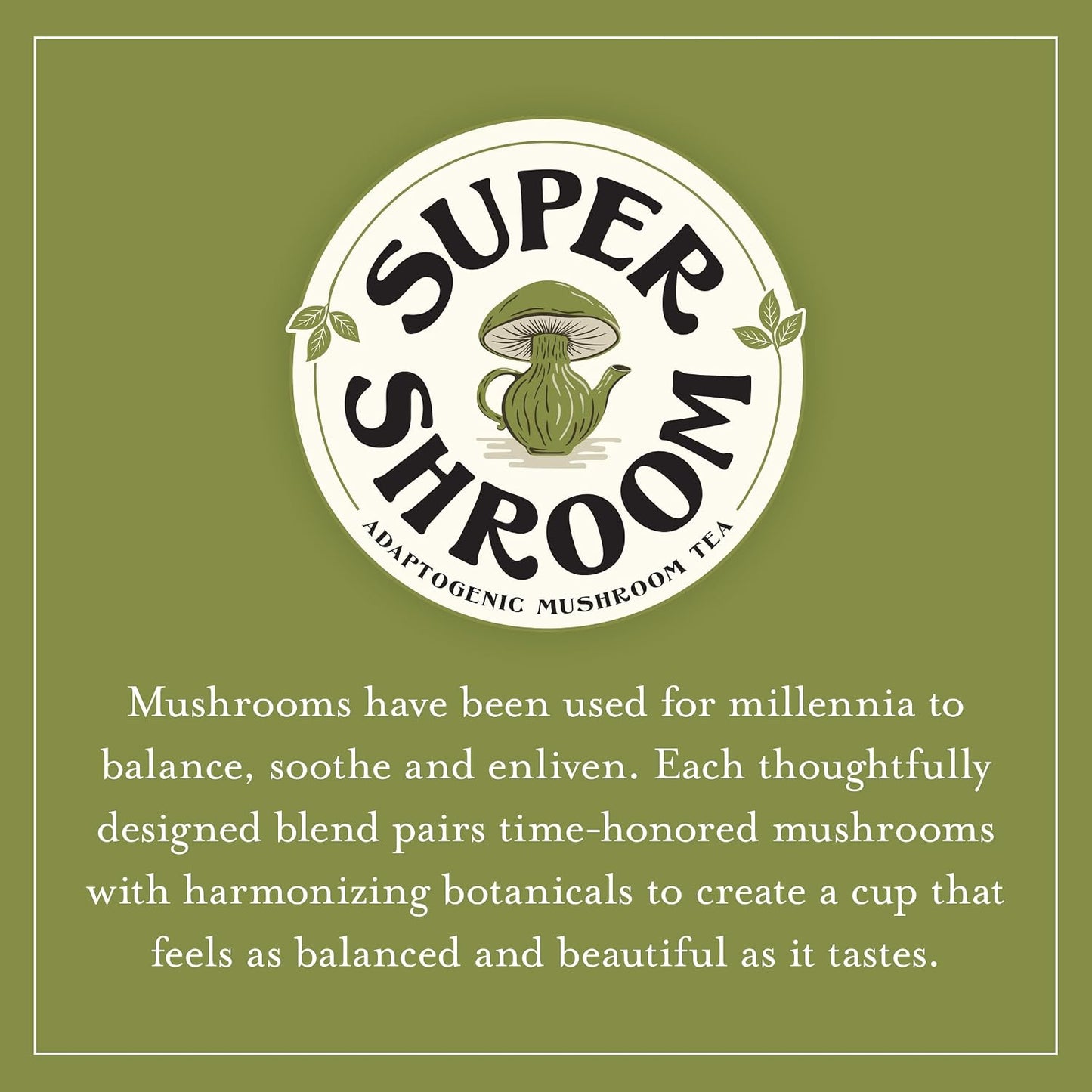 The Republic of Tea SuperShroom Organic Calm Herbal Tea, 36 Count | Caffeine Free. Suitable for day or evening sipping. Notes of cocoa, roasted root and earthy mushroom.
