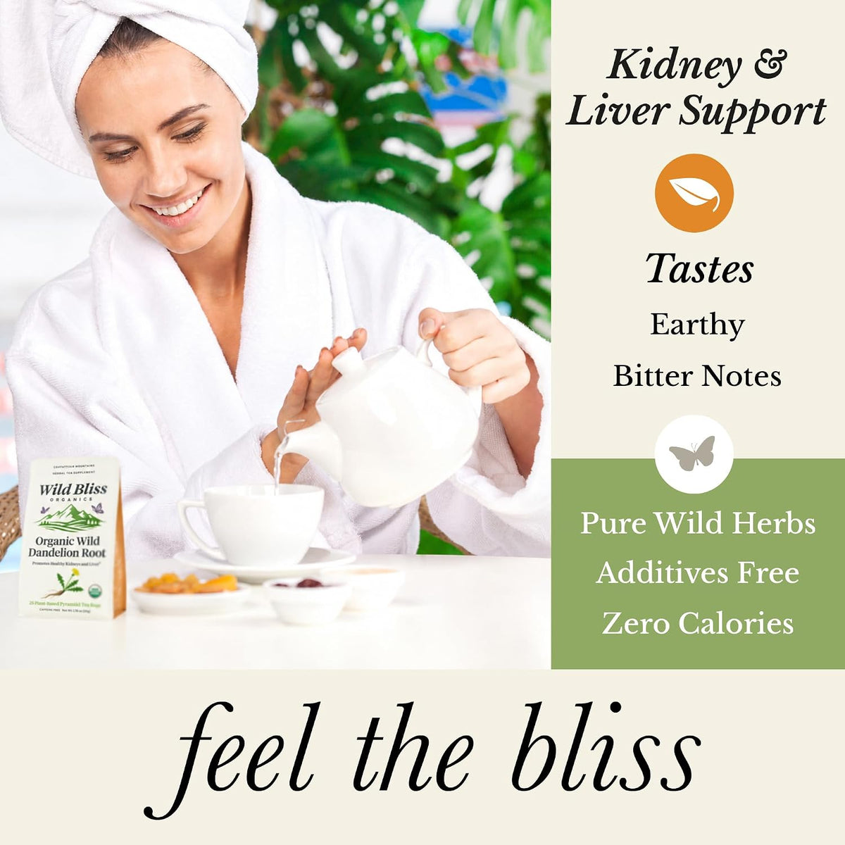 Wild Bliss Organic Wild Raw Dandelion Root Tea - Pharmacopoeia Quality Caffeine Free Herbal Support - 25 Plant Based Tea Bags