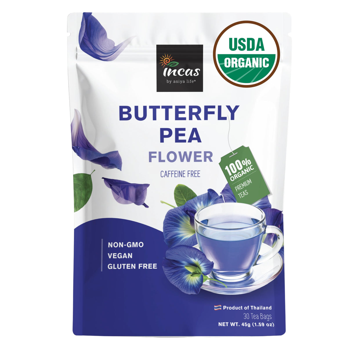 Incas by Asiya Life Incas 100% USDA Organic Butterfly Pea Flower 30 Tea Bags Non GMO Verified Caffeine Free Fresh Harvest