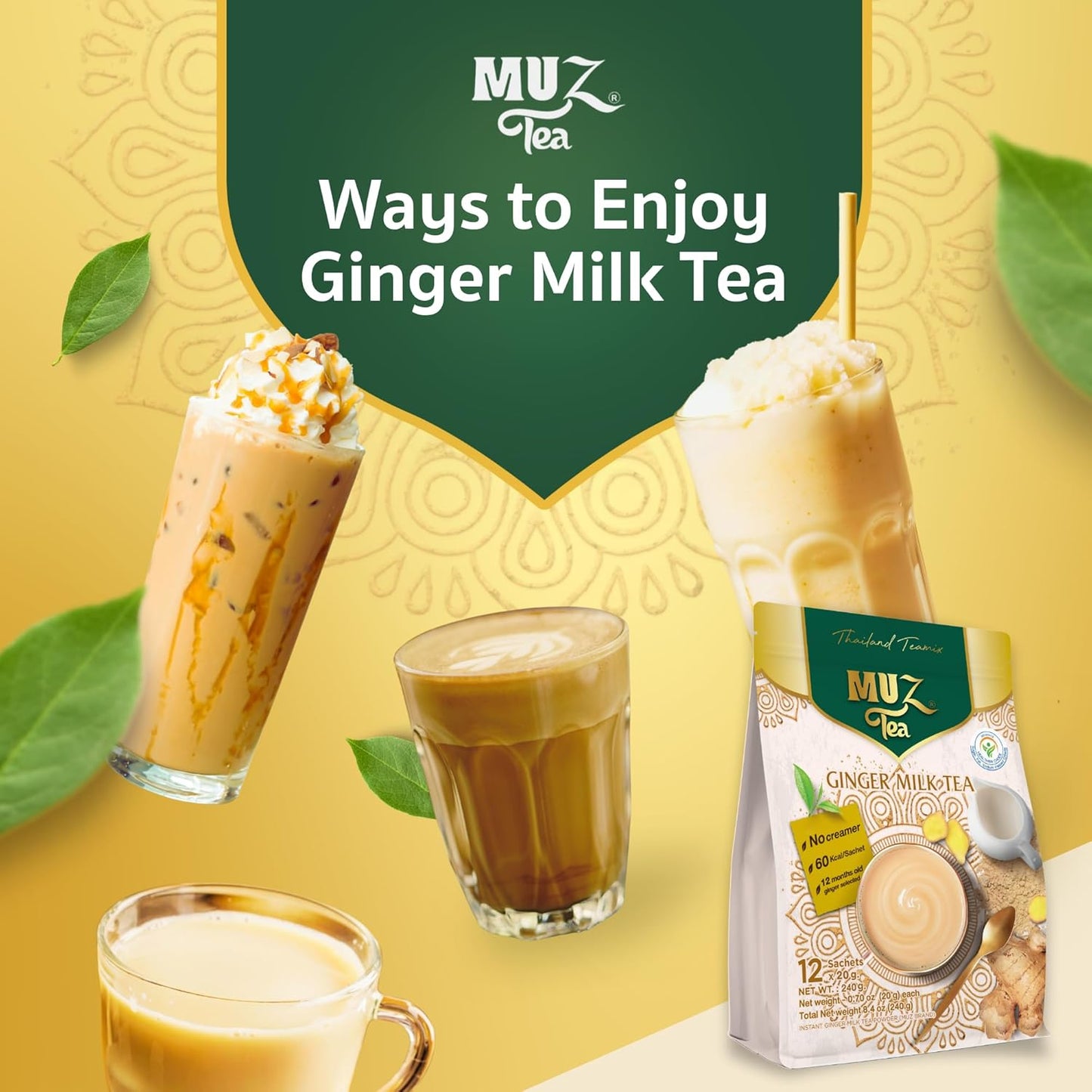 MUZ Tea Premium Instant Ginger Tea with Real Milk, Coconut Blossom Sugar & Ginger Powder, Low GI, No Creamers, 75 Calories, Thai Milk Tea Powder Mix – 12 Sachets, Just Add Water