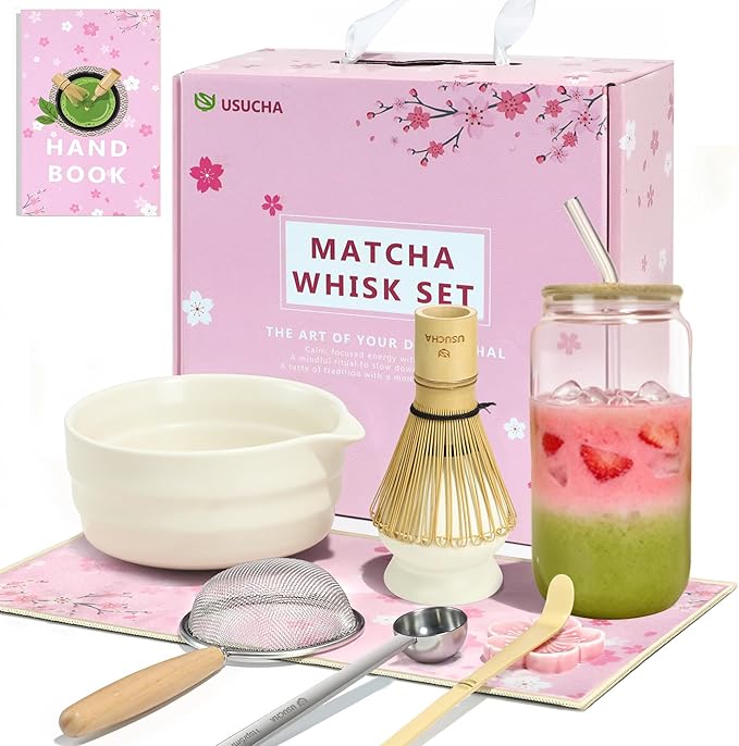 9PCS Matcha Whisk Set, Ceramic Bowl with Spout, Bamboo Whisk & Holder, Matcha Cup, Ceremony Tea Making Tools, Modern Design Gift for Matcha Beginners Lovers (Cream White)