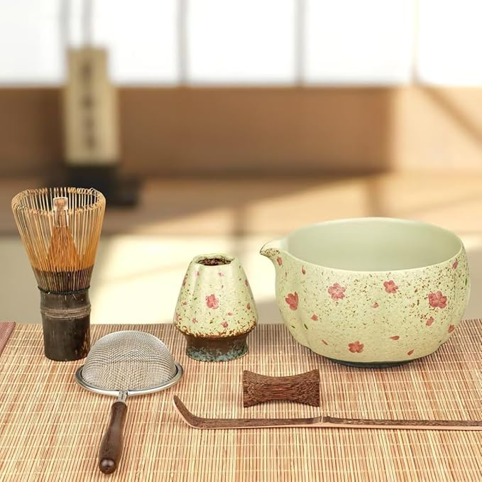 7-Piece Matcha Set with Ceramic Matcha Bowl, Bamboo Whisk (Chasen) & Holder, Sifter, Tea Scoop & Rest, Special Bamboo Tea Mat