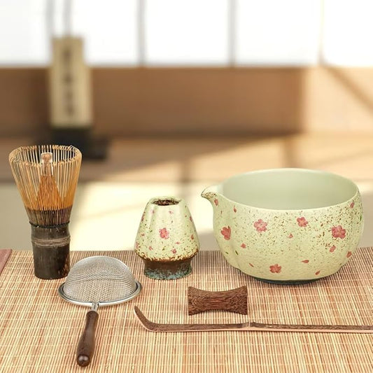 7-Piece Matcha Set with Ceramic Matcha Bowl, Bamboo Whisk (Chasen) & Holder, Sifter, Tea Scoop & Rest, Special Bamboo Tea Mat - Perfect Matcha Kit for Matcha Lovers & Gift Giving, Sakura