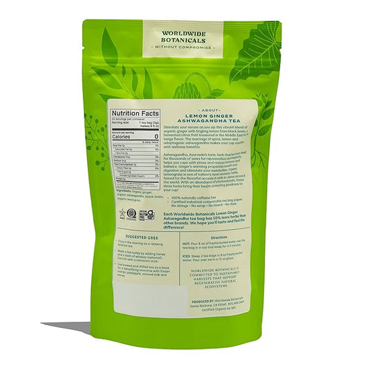 Worldwide Botanicals Lemon Ginger Ashwagandha Tea, 50 Tea Bags - 50% more herbs with 3g per teabag - Caffeine-Free